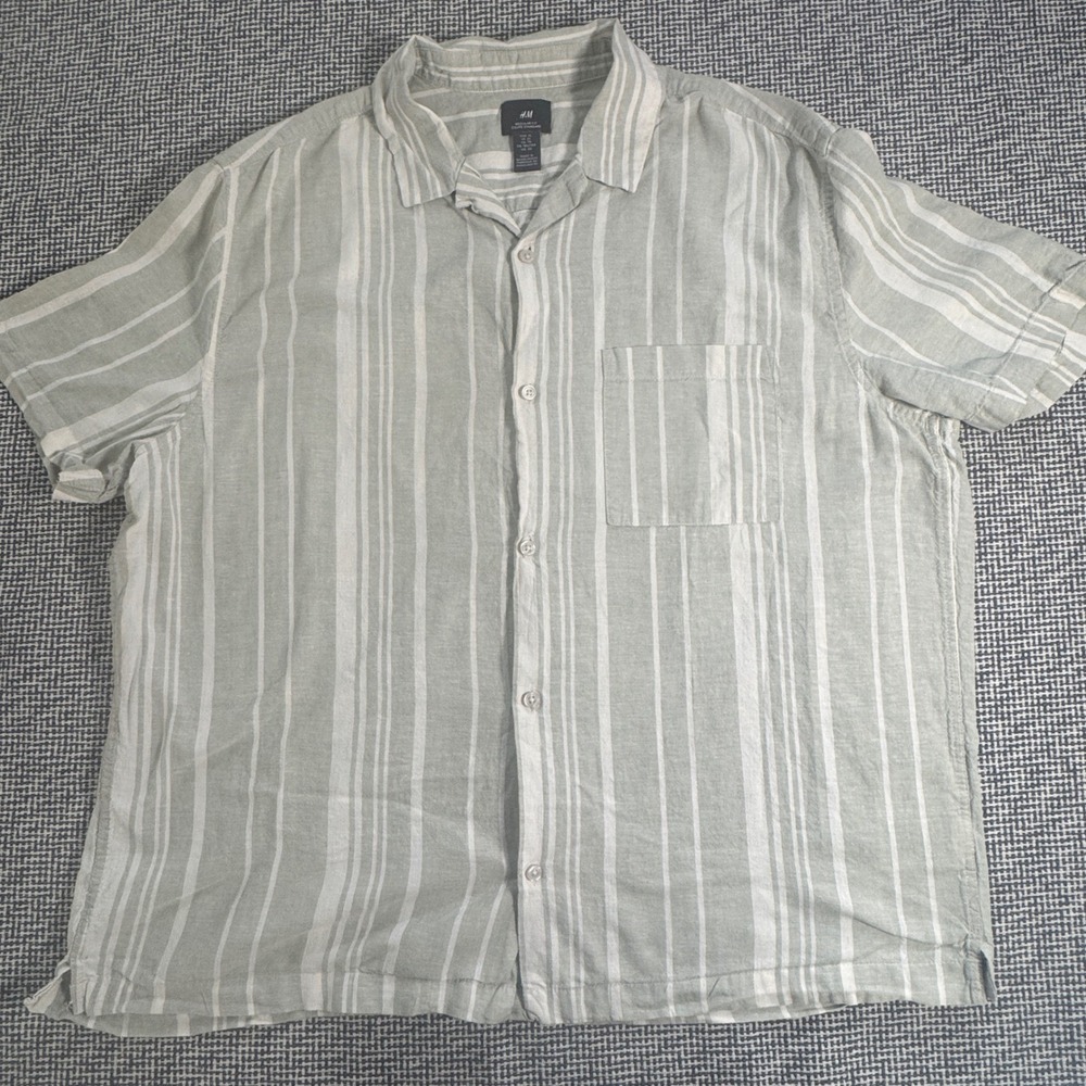 HM Mens XL Regular Fit Linen Blend Short Sleeve Striped Button Down Shirt Green